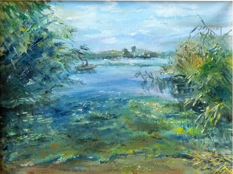 Картина заросший камышом пляж на реке Пичуга Волгоградская область.