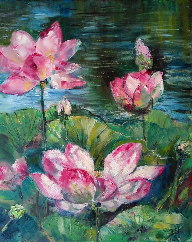 Тихое, спокойное озеро с цветущими лотосами на картине "Цветение лотосов"