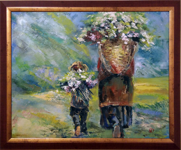 Картина маслом "С цветами"  в горах Женщина и ребёнок несут за спинами корзины с цветами