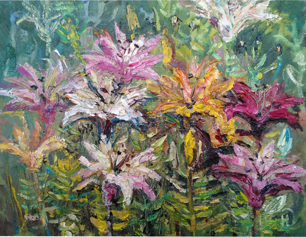 Картина "Дачный этюд" Разноцветные лилии