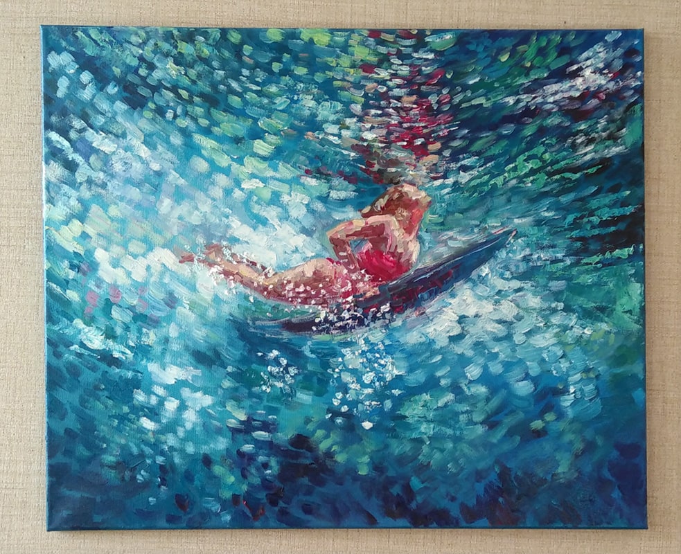 Картина "Эмоции в цвете" с сртемительным полетом в воде девушки-сёрфингистки