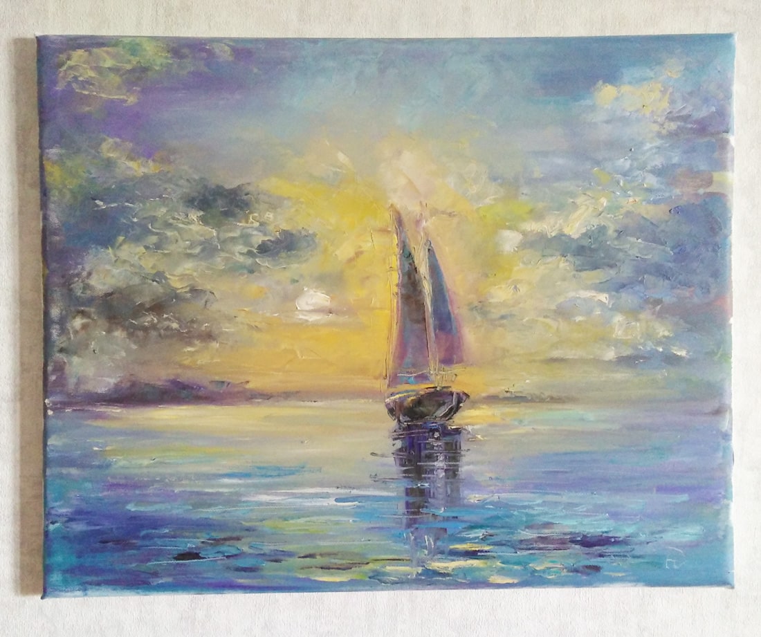 Картина маслом "Парусник на закате" с ласковым вечерним морем