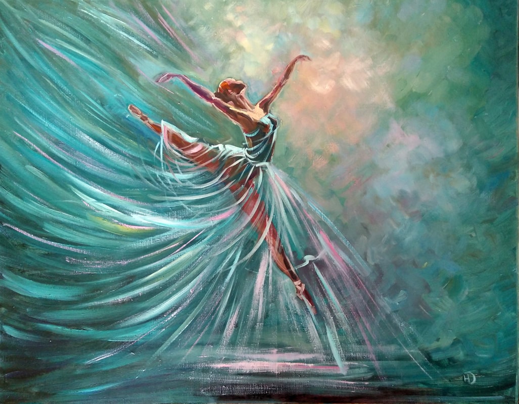 Изображение балерины, парящей над сценой на картине художника Нины Дивинской