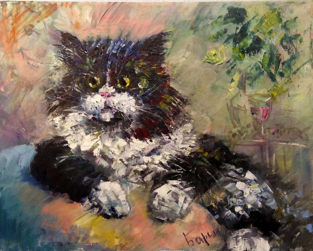 Портрет холёного кота с задумчивым взглядом маслом на холсте.