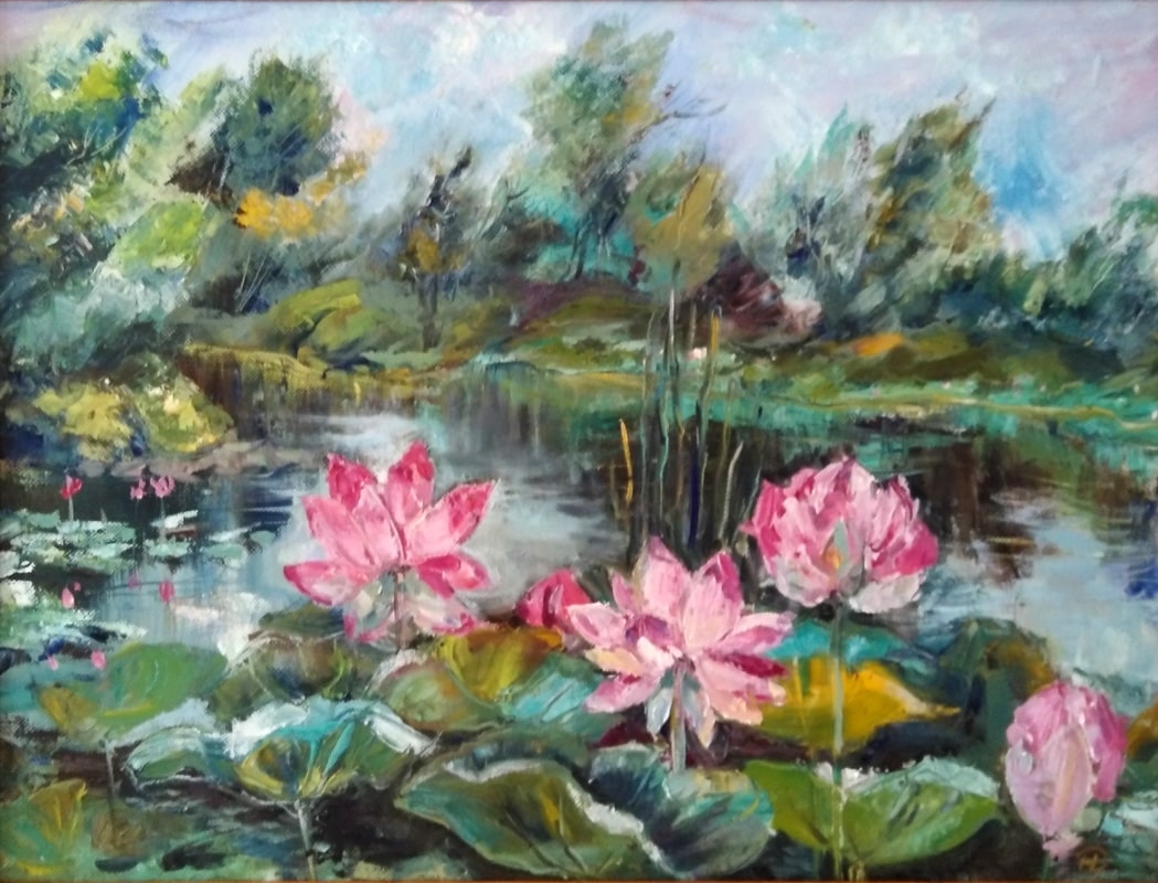 Картина маслом на холсте" Цветение" Летний пейзаж с лотосами