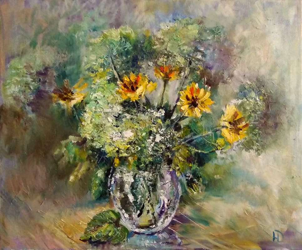 "Цветы гортензии в вазе" букет цветов гортензии и рутбекия в прозрачной вазе - пастозная живопись