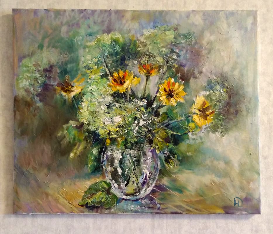Картина маслом "Цветы гортензии в вазе"