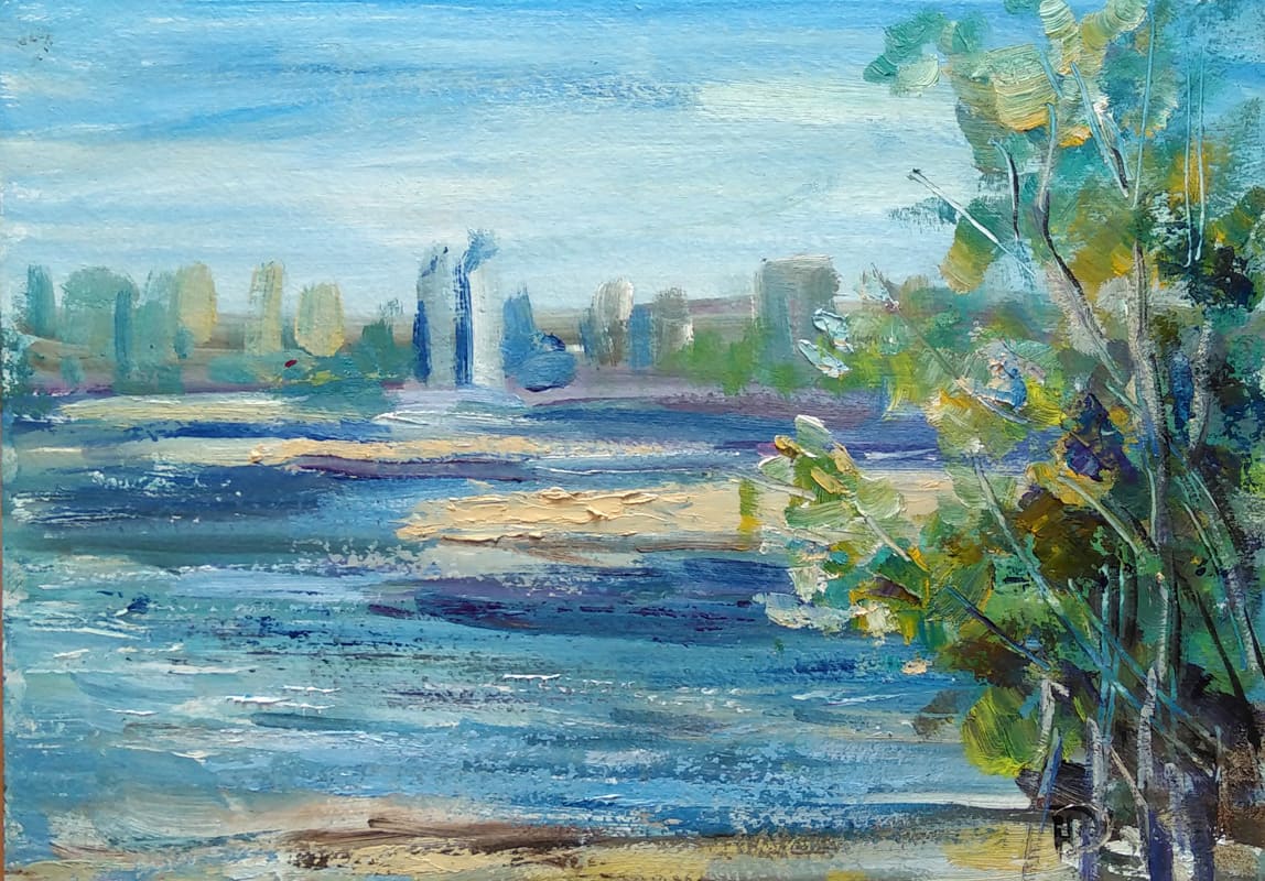 Картина "Этюд у Волги" река Волга на фоне  панорамы Волгограда в ясный солнечный день уходящего лета