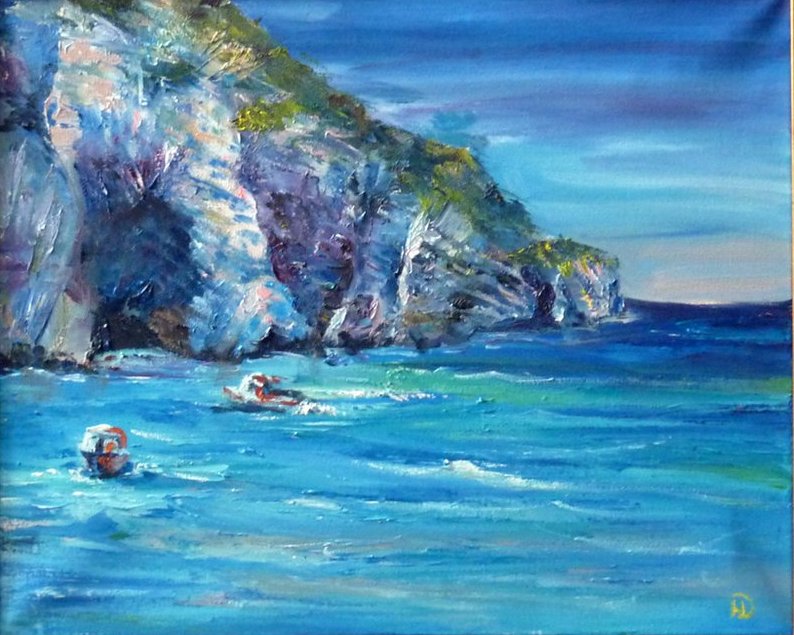 Картина "Греческое побережье"  На переднем плане сине-бирюзовое море с небольшими барашками волн
