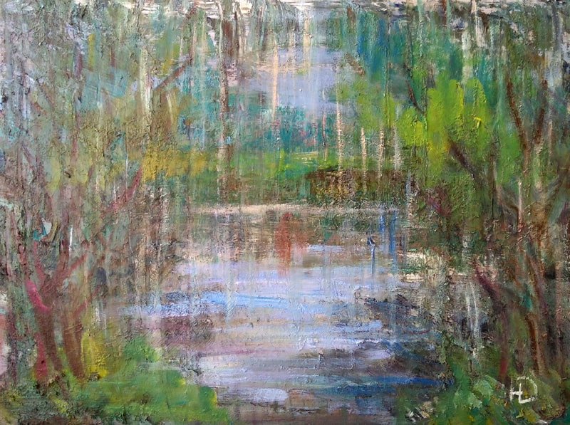 Пейзаж маслом на холсте "Ливень на озере" художник Нина Дивинская