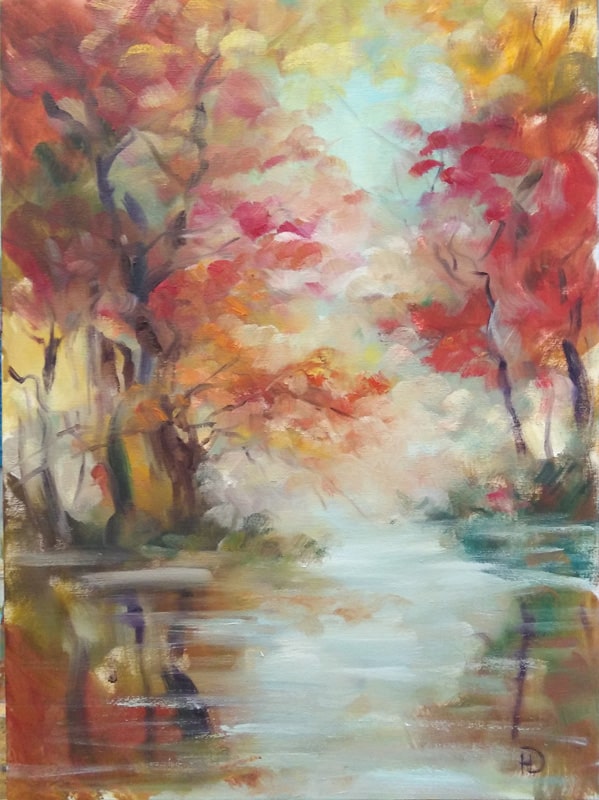 Картина маслом "Между небом и водой", осенние деревья над речкой