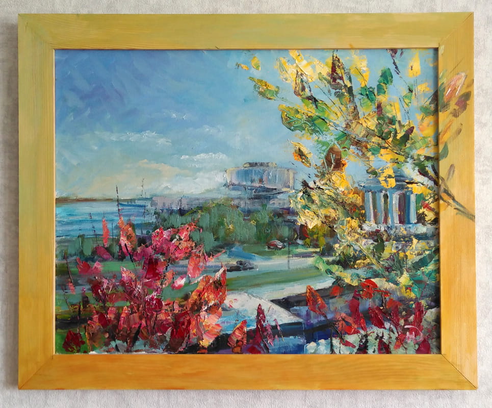 Картина "Осенний Волгоград"  в раме. Городской пейзаж, центральная набережная города осенью