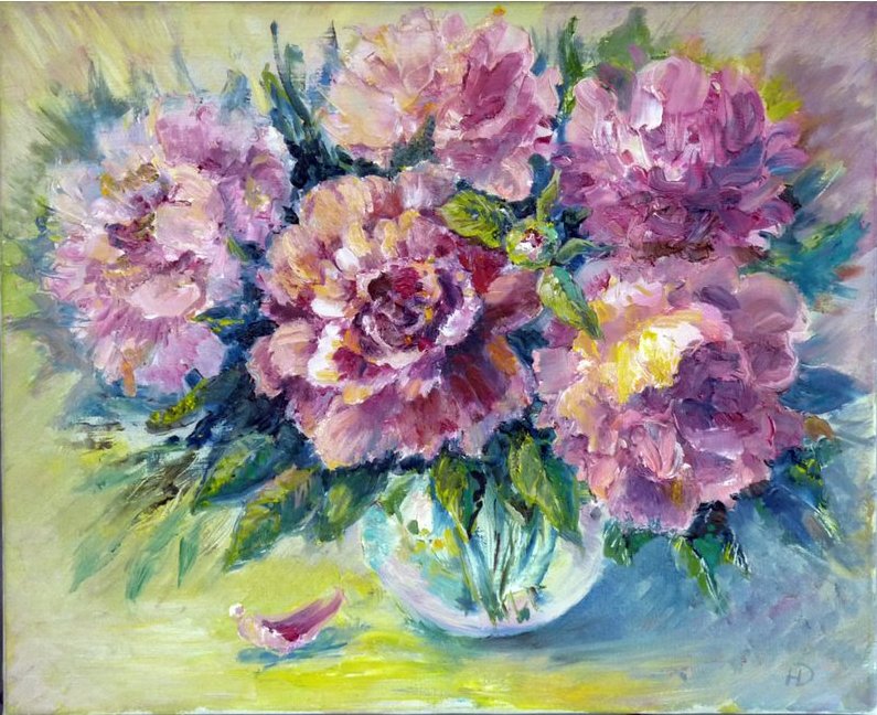 Картина "Пионы" розовые цветы в прозрачной вазе