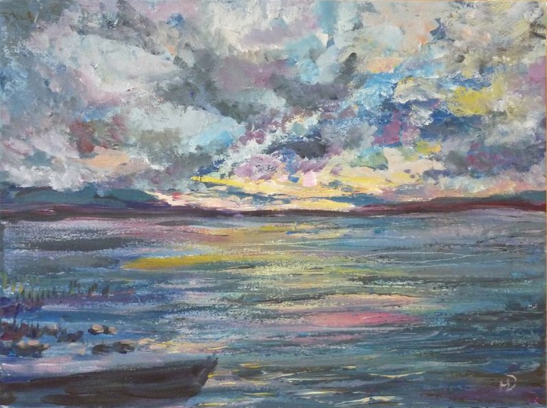 Картина маслом "Тишина" Река тихая с светящейся дорожкой последних солнечных лучей.