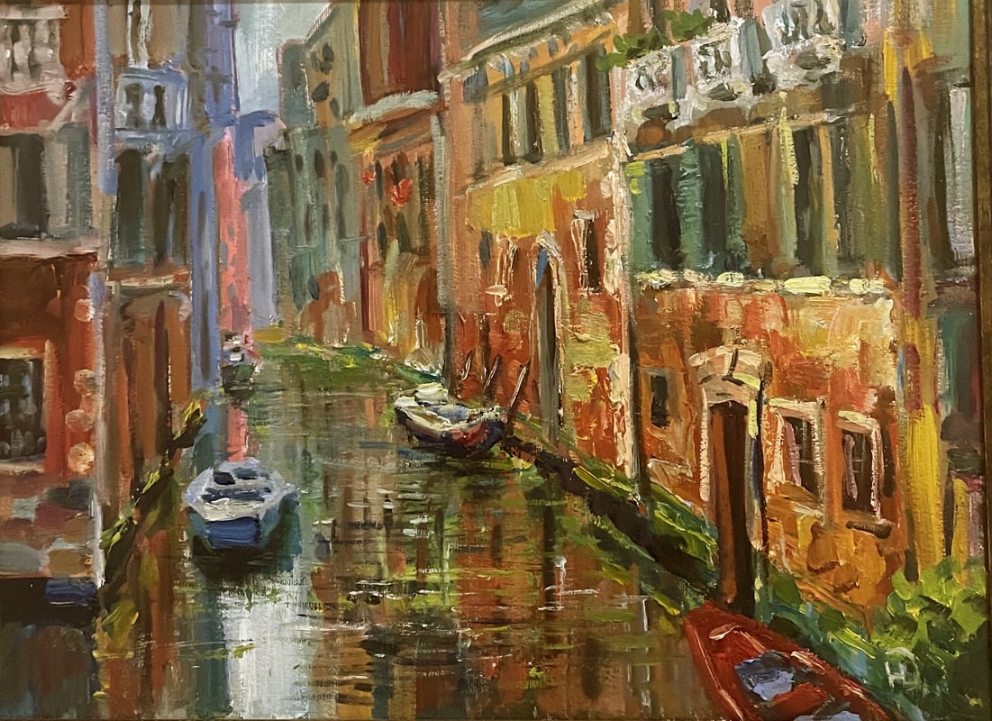 Картина "Улица в Венеции", Дома расположились вдоль канала, отражаясь в зеленоватой воде художник Нина Дивинская