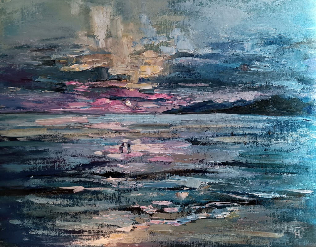 Картина маслом «Море на двоих» | Сиреневый закат на холсте