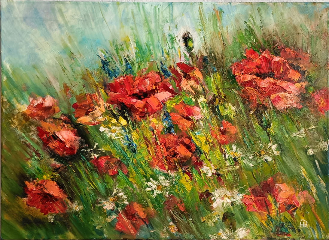 Изображение красный цветов на картине "Поле маков" художницы Нины Дивинской
