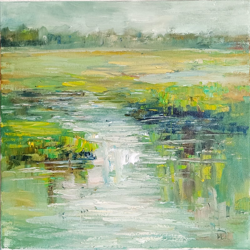 Пейзаж нежно-зелёного поля, залитого водой художник Нина Дивинская