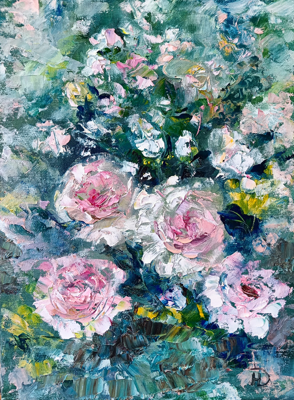 Картина маслом с изображение бело-розовых цветов хдожник Нина Дивинская