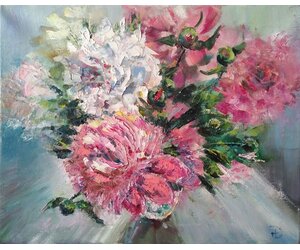 Картина маслом "Букет пионов" ароматные весенние цветы в прозрачной вазе