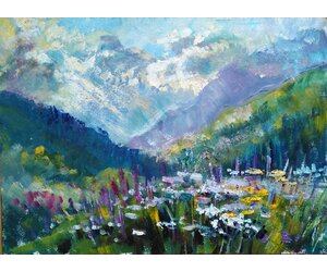 Картина "Цветы в горах" живописный этюд, написанный на восходе солнца в ущелье.