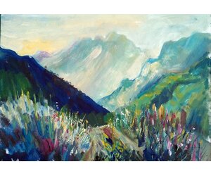 Картина маслом "Рассвет в горах" пейзаж, написанный в Приэльбрусье