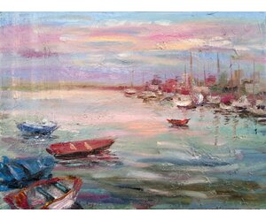 Картина маслом " Розовый вечер" пейзаж с морским заливом художник Нина Дивинская Волгоград