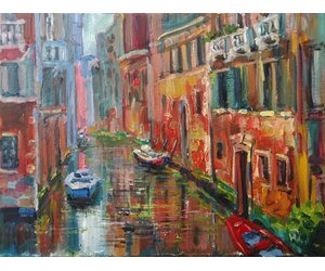 Картина маслом "Улица Венеции" Живописный канал  с окружающими жилыми постройками