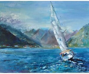 Картина маслом "Одинокий парусник" Морской пейзаж в Боко-Которском заливе Яхта накренившись в повороте
направляется к берегу