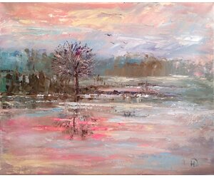 На картине " Одинокое дерево" нежный розовый закат в начале зимы. Художник Нина Дивинская Волгоград