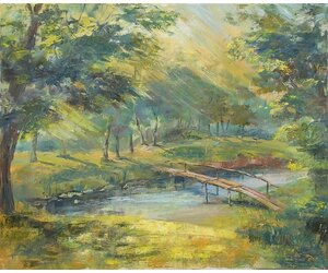 Картина "солнечный день" Деревянный лёгкий мостик, перекинутый через зеркальный ерик, ведет на залитую солнцем полянку.