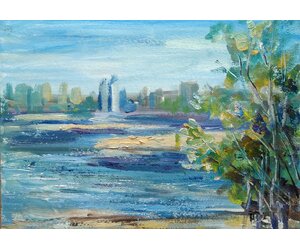 Картина "Этюд у Волги" река Волга на фоне  панорамы Волгограда в ясный солнечный день уходящего лета