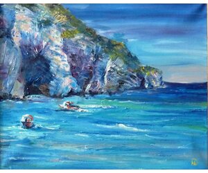 Картина "Греческое побережье"  На переднем плане сине-бирюзовое море с небольшими барашками волн