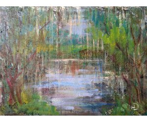Пейзаж маслом на холсте "Ливень на озере" художник Нина Дивинская