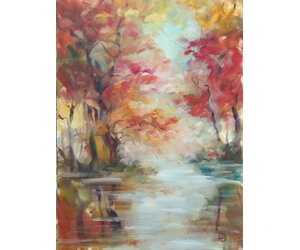 Картина маслом "Между небом и водой", осенние деревья над речкой