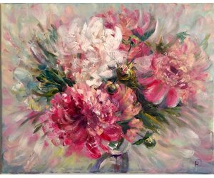 Букет пионов с фоном из лепестков ароматных цветов, 
 художник Нина Дивинская