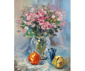 Картина маслом "Розовое настроение"  нежные розы в овальной вазе Художник Нина Дивинская