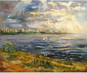 Картина маслом на холсте "Волга в лучах солнца"