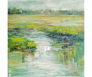 Пейзаж нежно-зелёного поля, залитого водой художник Нина Дивинская