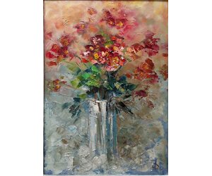 Картина маслом "Межсезонье" с абстрактным букетом цветов в ледяной вазе