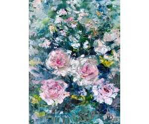 Картина маслом с изображение бело-розовых цветов хдожник Нина Дивинская